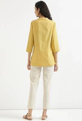yellow plain airy cotton short kurti with mandarin collar 4