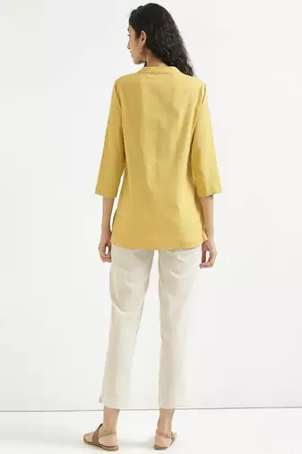 yellow plain airy cotton short kurti with mandarin collar