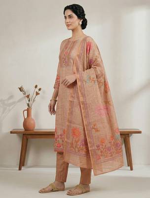 peach digital printed linen shimmer dress material 4