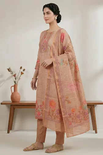 peach digital printed linen shimmer dress material