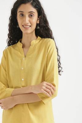 yellow plain airy cotton short kurti with mandarin collar 5
