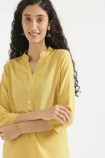 yellow plain airy cotton short kurti with mandarin collar