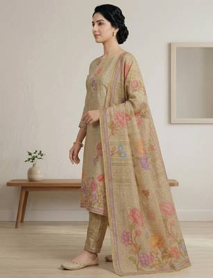 yellow digital printed linen shimmer dress material 4