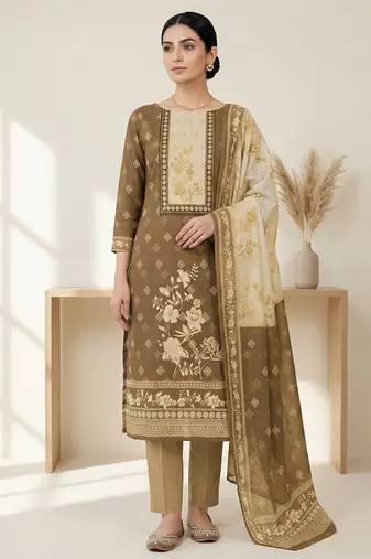 khakhi digital printed linen shimmer dress material