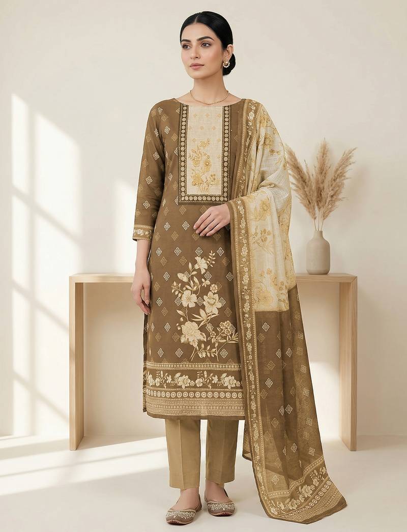 Stylee lifestyle khakhi linen digital printed dress material