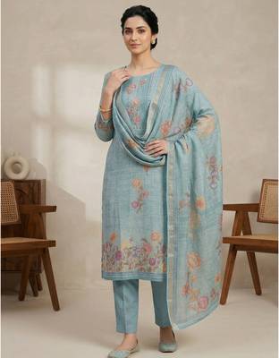 teal digital printed linen shimmer dress material 4