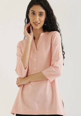 salmon pink plain airy cotton short kurti with mandarin collar 1