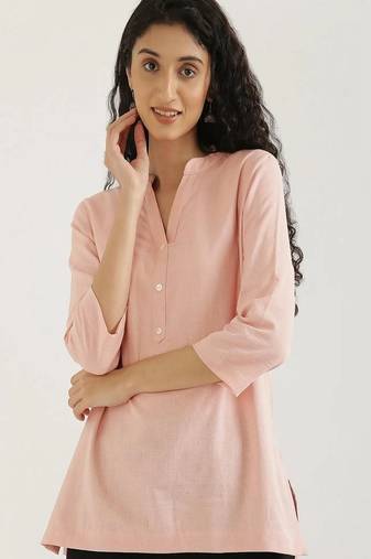 Women salmon pink airy linen short kurta