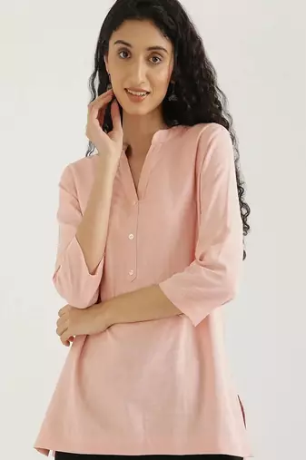 Women salmon pink airy linen short kurta