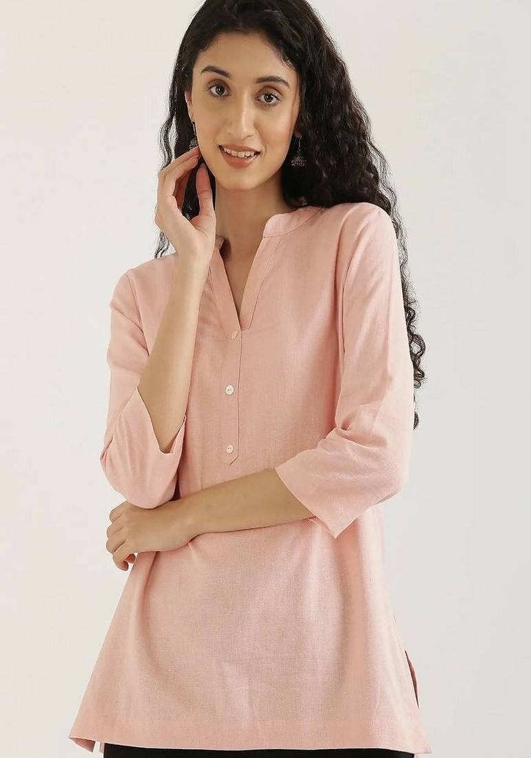 Women salmon pink airy linen short kurta