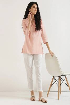 salmon pink plain airy cotton short kurti with mandarin collar 2