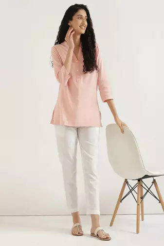 salmon pink plain airy cotton short kurti with mandarin collar