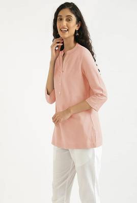 salmon pink plain airy cotton short kurti with mandarin collar 3
