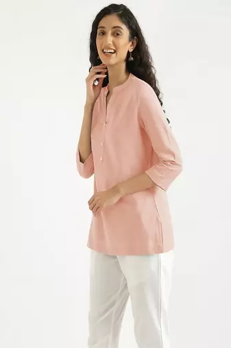 salmon pink plain airy cotton short kurti with mandarin collar