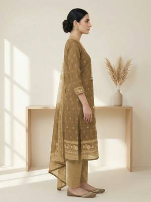 khakhi digital printed linen shimmer dress material 3