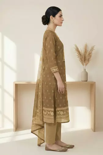 khakhi digital printed linen shimmer dress material