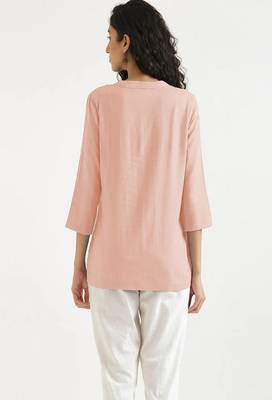 salmon pink plain airy cotton short kurti with mandarin collar 4