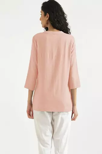 salmon pink plain airy cotton short kurti with mandarin collar