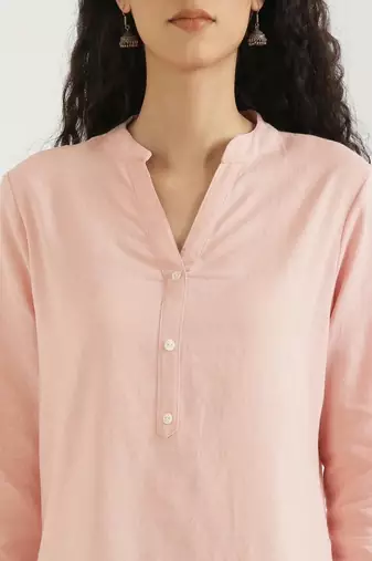 salmon pink plain airy cotton short kurti with mandarin collar