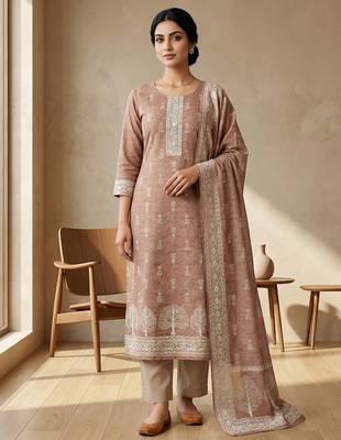 rust linen shimmer digital printed suit material 1