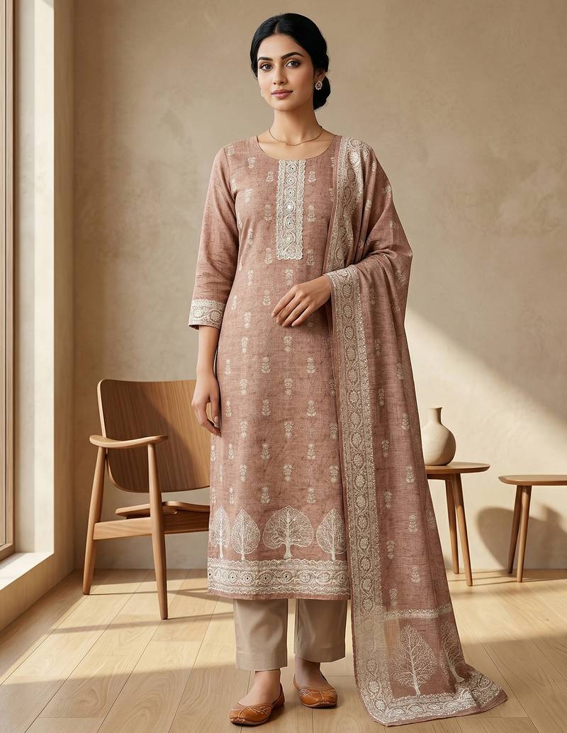 Stylee lifestyle rust linen shimmer digital printed dress material