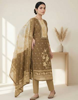khakhi digital printed linen shimmer dress material 4