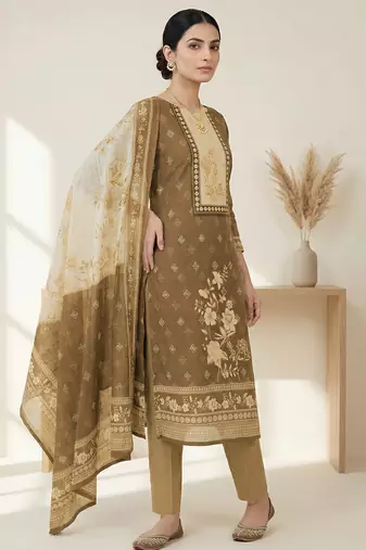 khakhi digital printed linen shimmer dress material