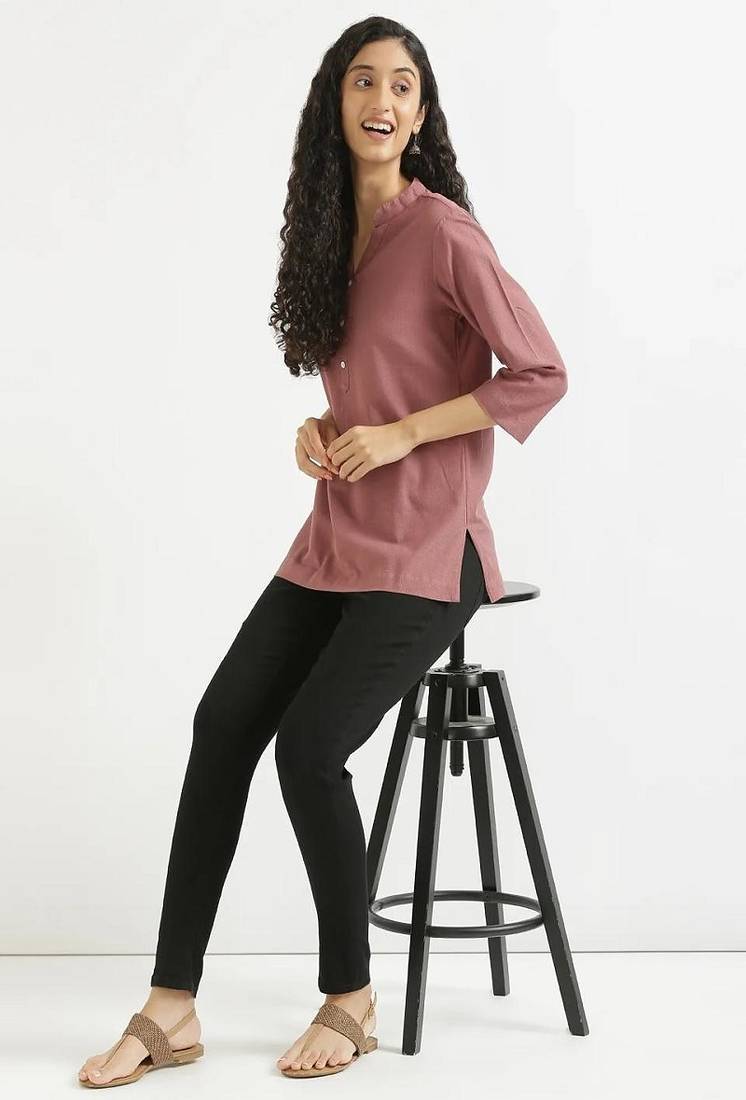 Women rose taupe airy linen short kurta