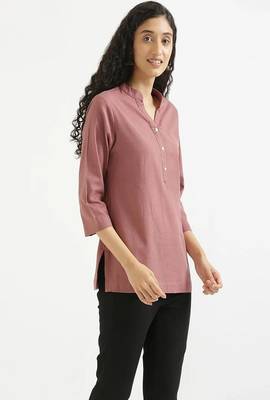 rose taupe plain airy cotton short kurti with mandarin collar 2
