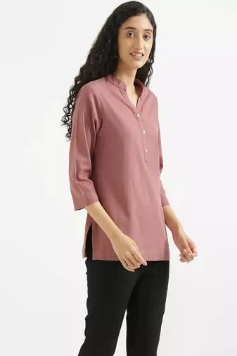 rose taupe plain airy cotton short kurti with mandarin collar