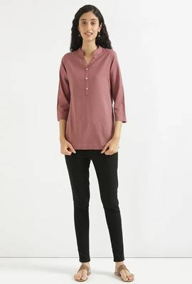 rose taupe plain airy cotton short kurti with mandarin collar 3