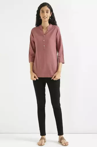 rose taupe plain airy cotton short kurti with mandarin collar