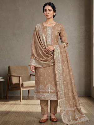 brown linen shimmer digital printed suit material 1