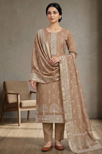 brown linen shimmer digital printed suit material