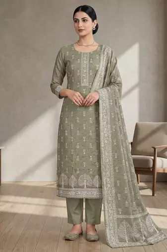 olive linen shimmer digital printed suit material