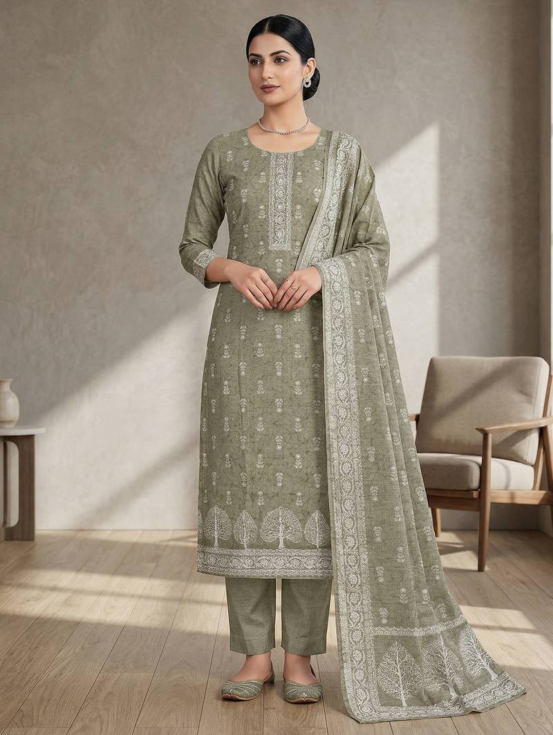 Stylee lifestyle olive linen shimmer digital printed dress material