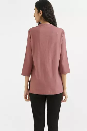 rose taupe plain airy cotton short kurti with mandarin collar