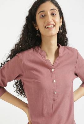 rose taupe plain airy cotton short kurti with mandarin collar 5
