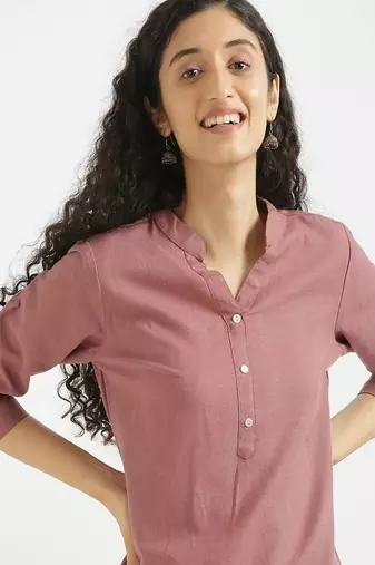 rose taupe plain airy cotton short kurti with mandarin collar