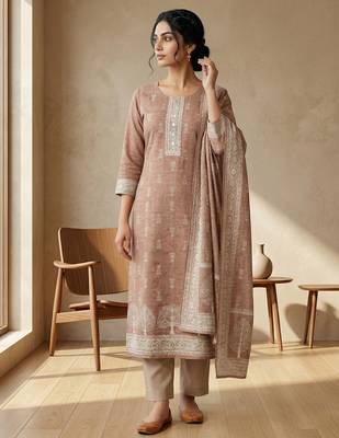 rust linen shimmer digital printed suit material 4