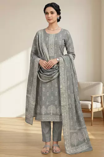 Stylee lifestyle grey linen shimmer digital printed dress material