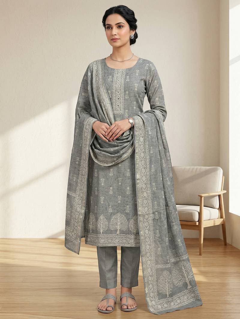 Stylee lifestyle grey linen shimmer digital printed dress material