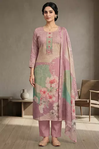 Stylee lifestyle pink linen shimmer digital printed dress material