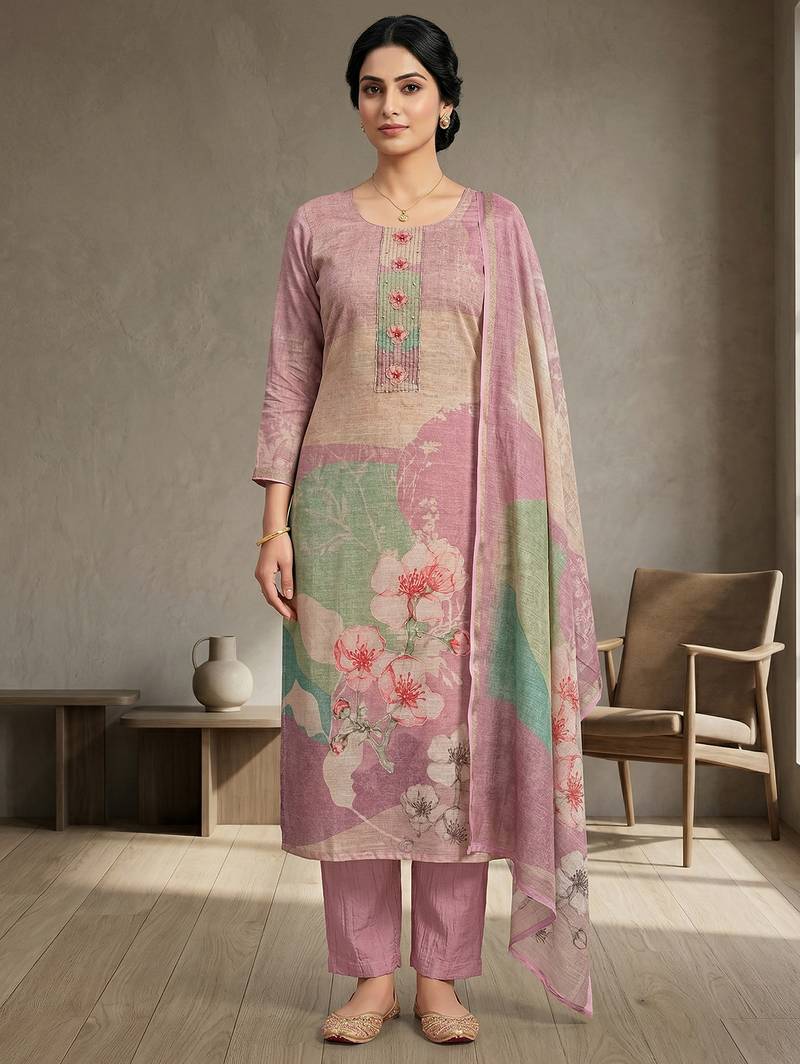 Stylee lifestyle pink linen shimmer digital printed dress material