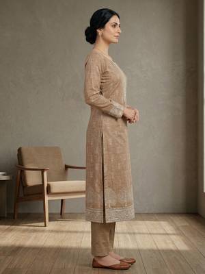 brown linen shimmer digital printed suit material 3