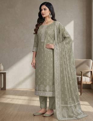 olive linen shimmer digital printed suit material 3