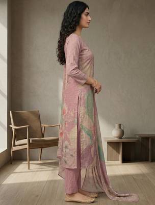 pink linen shimmer digital floral printed dress material 2