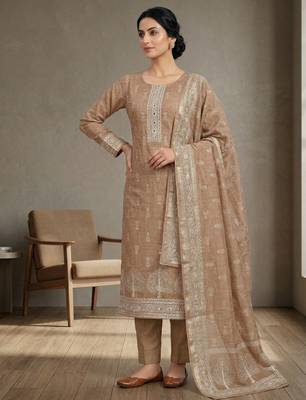 brown linen shimmer digital printed suit material 4