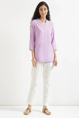 women lilac cotton short kurti with mandarin collar 1