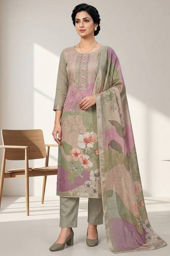 olive linen shimmer digital floral printed dress material